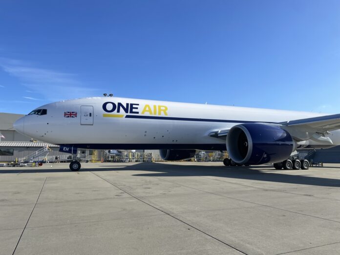AIRONEInternationalHoldingshastakendeliveryofitssecondproduction777FreighterfromBoeingtobeoperatedbythegroupsaffiliatedBritishcargoairlineOneAir AIR ONE International Holdings Freighter Fleet Second Boeing 777F